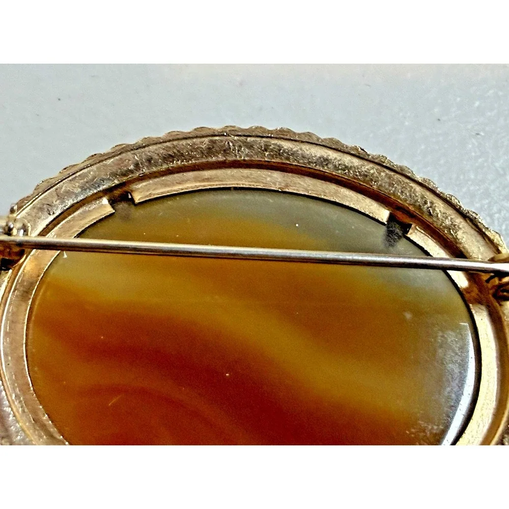 Vintage Orange Banded Agate Twisted Rope Oval Large Brooch Pin Retro‎ Silver